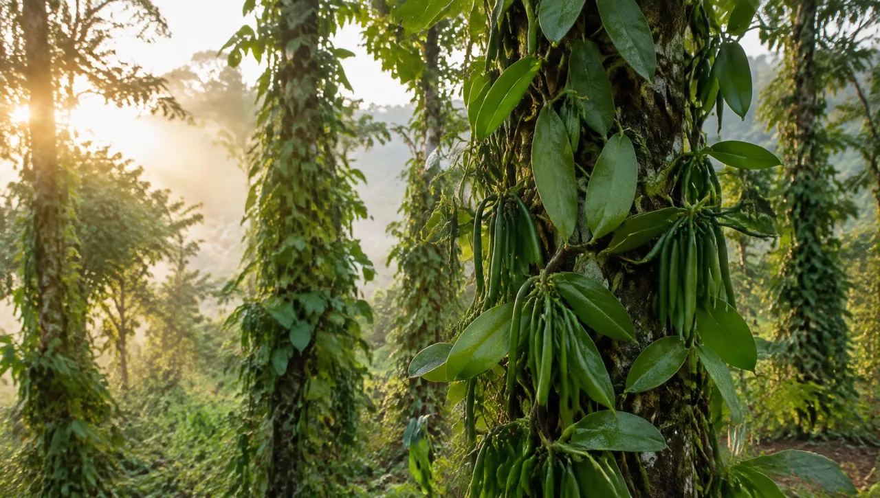 Lianes de vanille dans une plantation de Madagascar